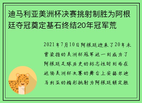 迪马利亚美洲杯决赛挑射制胜为阿根廷夺冠奠定基石终结20年冠军荒 迪马利亚美洲杯决赛挑射制胜为阿根廷夺冠奠定基石终结20年冠军荒